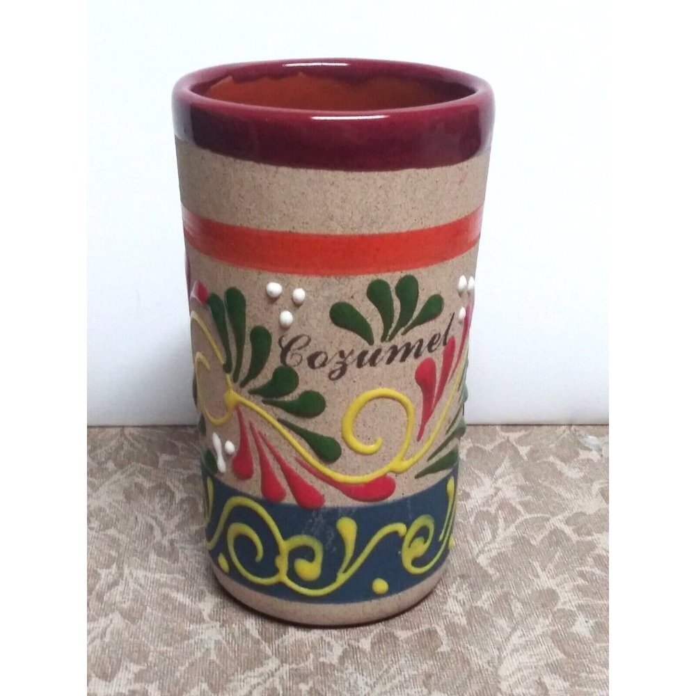 Cozumel Tonala Mexico Vase 5.5" clayware multicolor floral Folk Art artsy Boho